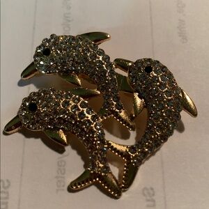 Gold Tone Dolphin Brooch with Rhinestones